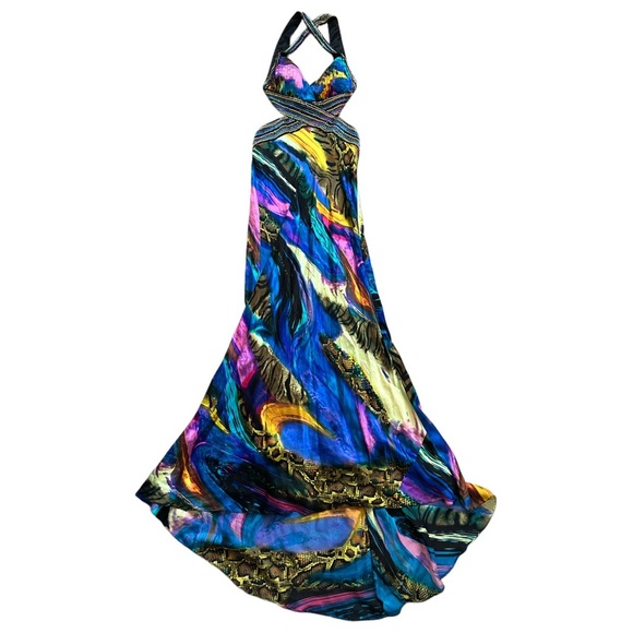 La Femme Maxi Silk Multicolor Backless Sequin Gown Dress Size 6 - Picture 7 of 16